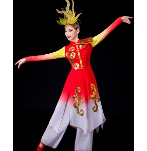 Red with gold chinese folk dance dresses for women drummer performance clothes ancient traditional yangko fan umbrella dance costumes