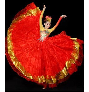 Red with gold flamenco dance dress for women Spanish bull dance dress stage performance choir opening ballroom dance dress for lady