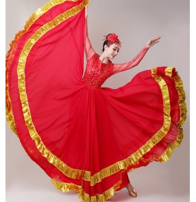 Red with gold flamenco dance dresses for women female spanish bull dance stage performance big skirted dresses