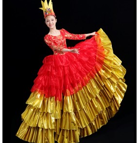 Red with gold flamenco dresses for women spanish bull dance paso double dance dresses opening ballroom dance dresses 540degree