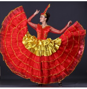 Red with gold flamenco dresses spanish bull dance dress stage performance opening dance chorus ballroom dress