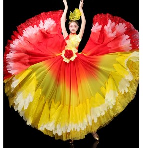 Red with gold petals flamenco dance dresses spanish bull dance paso double dance dress for women choir stage performnace chorus ballroom dance dresses