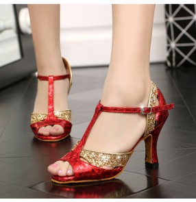 Red with gold sequin Latin dance shoes for women adult ballroom dancing shoes soft sole social fashion dance sandals salsa chacha dance shoes for lady