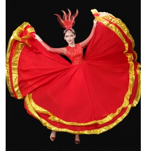 Red with gold Spanish flamenco dance dresses for women girls Spanish bull dance costumes opening ballroom dance dress for lady