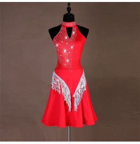 Red women's girls latin dance dresses rhinestones stage performance samba salsa chacha dance skirts dress