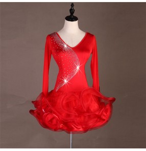Red women's latin dancing dresses rhinestones stage performance salsa rumba chacha dance skirts costumes dress