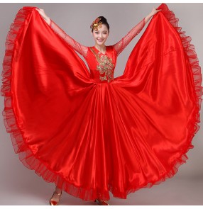 Red yellow Flamenco Dance dress for women Opening dance Spanish bull dance dress chorus ballroom dance dresses for lady 540 degree