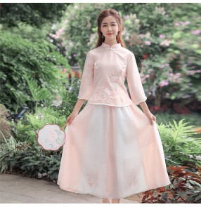 Republic of China retro style Women pink Hanfu film cosplay qipao dresses stand-up collar Tang suit embroidered fairy dress student suit