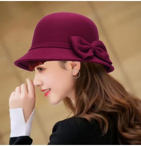 retro England style bowknot wool fedoras hat for women autumn and winter Korean retro woolen dome bow fashion ladies top hats