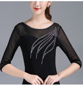  rhinestones black colored women's ballroom dancing tops stage performance waltz tango dance tops 