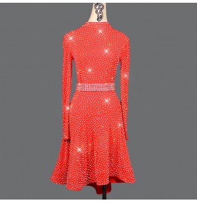 rhinestones competition red latin dance dresses for women girls salsa chacha rumba dance dress costumes 