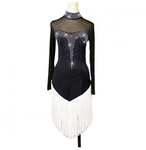 rhinestones Latin dance dress Women's black with white tassels latin dance costumes salsa chacha rumba dance dress costumes