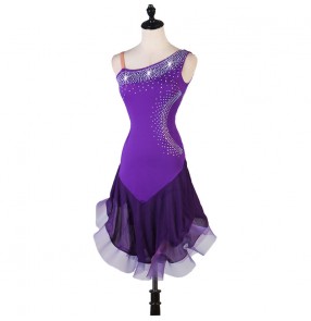 Rhinestones purple latin dance dresses for women salsa rumba chacha dance dress costumes