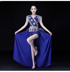 Roayl blue silver red Jazz modern dance costumes for Female adult  gogo dancers stage tuxedo outfits Sequin tassel dovetail Nightclub performance clothes