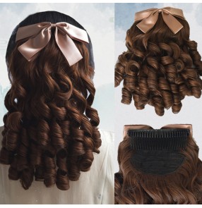 Roman curly wig for women girls princess curly ponytail court qipao dress bow wig film television cheongsam dress Republic of China curly wig hair