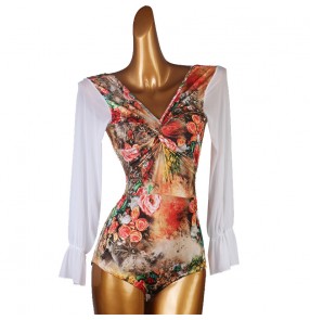 Rose flowers printed ballroom latin dance bodysuits for women girls long sleeves salsa chacha latin dance leotards body tops 