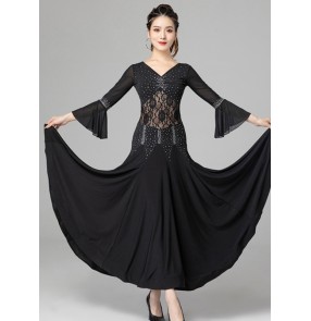 Royal blue black lace flare sleeves ballroom dancing dresses for women girls waltz tango foxtrot smooth ballroom dancing dresses for female