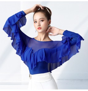 Royal blue black white ballroom latin dance body tops for women long sleeves ruffles neck salsa rumba chacha latin dance jumpsuits shirts for female