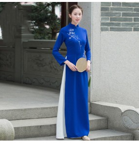 Royal blue chinese dresses for women Ao Dai cheongsam vietnamese retro oriental dress Chinese women zen tea qipao women