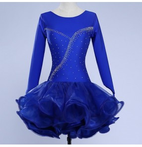 Royal blue competition latin dresses for women female long sleeves stage performance chacha rumba salsa dancing skirts dresses