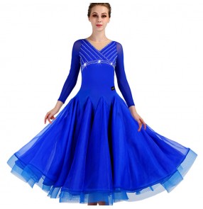 Royal blue competition women's girls kids ballroom dancing dresses long sleeves flamenco waltz tango dance dresses