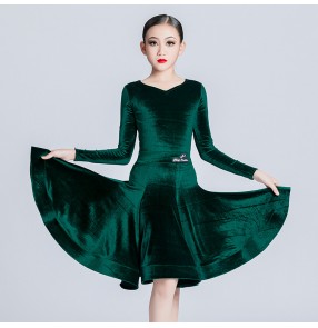 Royal blue dark green wine velvet ballroom latin dance dresses for girls kids professional competition salsa latin performance costumes for Children