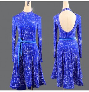 Royal blue diamond long sleeves competition women's latin dance dresses female salsa chacha rumba dance dress skirts