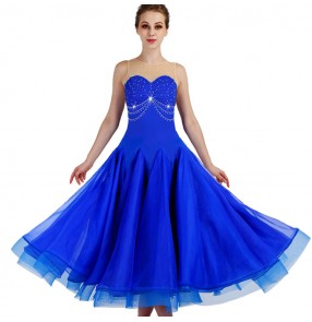 Royal blue diamond sleeveless competition ballroom dance dresses stage performance professional waltz tango dance dress