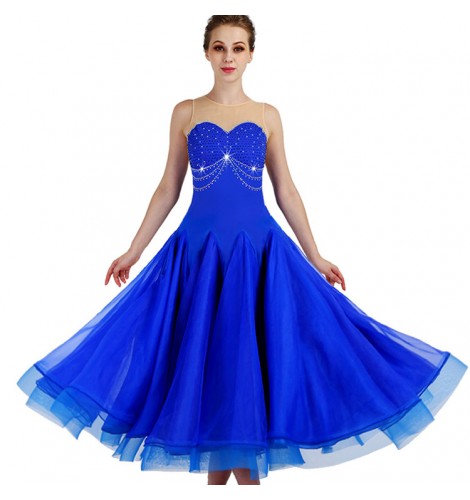 Royal blue diamond sleeveless competition ballroom dance dresses stage ...