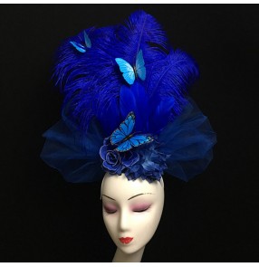 Royal blue feather haddresses for women with butterfly model show stage performance host bride photos hair accessories