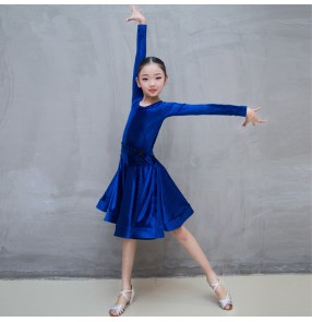 Royal blue girl's latin dance dresses velvet competition stage performance ballroom rumba salsa samba dance skirt costumes