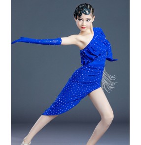 Royal blue hot pink Latin dance Competition dress for girls children irregular skirt Latin dance costumes with gemstones gloves diamond professional competition clothing