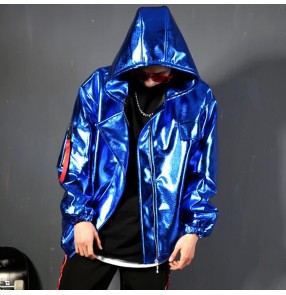 Royal blue men's leather hiphop street dance jacket stage performance model show night club dj singers performance hoddies coat jackets