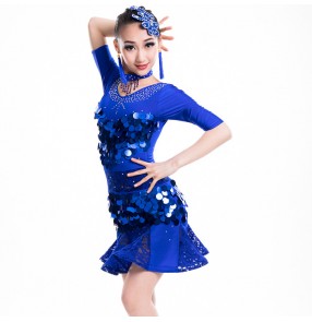 Royal blue paillette ballroom dresses competition girls children latin dresses stage performance chacha rumba salsa dancing dresses