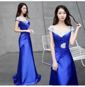 Royal blue rhinestones satin evening dresses cocktail celebration party stage performance host singers dresses