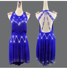 Royal blue tassels diamond competition latin dance dresses for women girls stage performance handmade latin dance costumes salsa chacha dance dresses