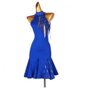 Royal blue tassels rhinestone competition latin dance dress for women girls sleeveless modern dance rumba chacha salsa dance dress 