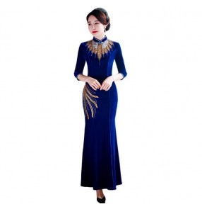 Royal blue velvet Chinese Dresses for women Chinese qipao dresses stage performance host singers phtoos studio miss etiquette show performance dress