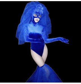 Royal blue velvet jazz dance bodysuits for women night club bar gogo dancers stage suit photos shooting sexy jumpsuits for female