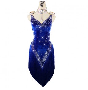 Royal blue velvet tassels diamond competition latin dance dress for women girls stage performance latin rumba chacha dance dresses