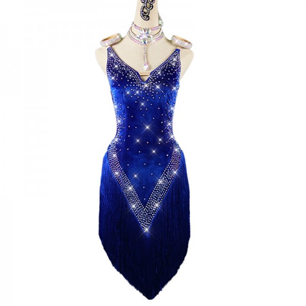Royal blue velvet tassels diamond competition latin dance dress for ...