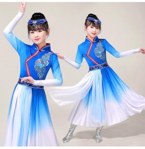 Royal blue violet gradient mongolian dance dress for girls children mongolia robes stage performance drama cosplay dresses