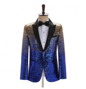 Royal blue with gold sequined singers host jazz dance jackets coats for men male modern dance stage performance model show photos shooting blazers
