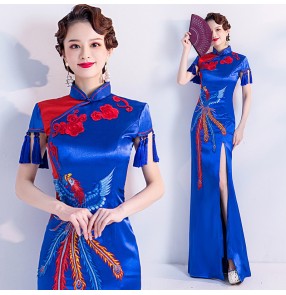 Royal blue with red chinese dresses for women chinese traditional cheongsam oriental chinese qipao dress host singers miss etiquette evening dresses for female