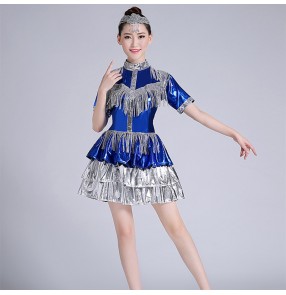 Royal blue with silver Jazz dance sequin dress for women girls modern singer dance costume sexy nightclub ds dancers fashion costume female