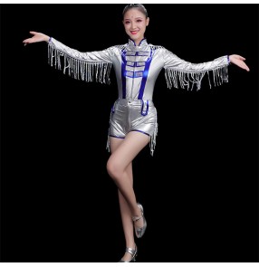 Royal blue with silver leather sequined Jazz dance costume for women girls gogo dancers singers pole hot dance stage performance outfits cheerleader performance wear