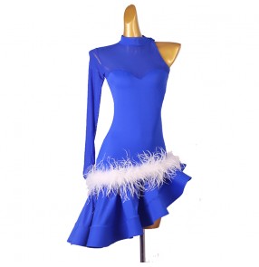 Royal blue with white feather one shoulder latin dance dress for girls women salsa rumba cha cha  ballroom dance outfits for female