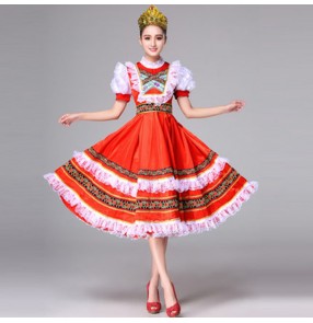 Russian Internationale folk dance dresses red color stage performance European palace drama photos cosplay dance costumes