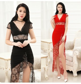 sexy Nightclub black red lace dress feminine dj overalls princess ktv nightclub evening party sexy dress Masseur work clothes for women