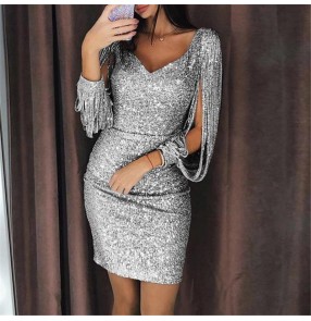 Sexy nightclub party sequin mini dresses for women singers stage performance bling bodycon dresses tassel Bag hip dress
